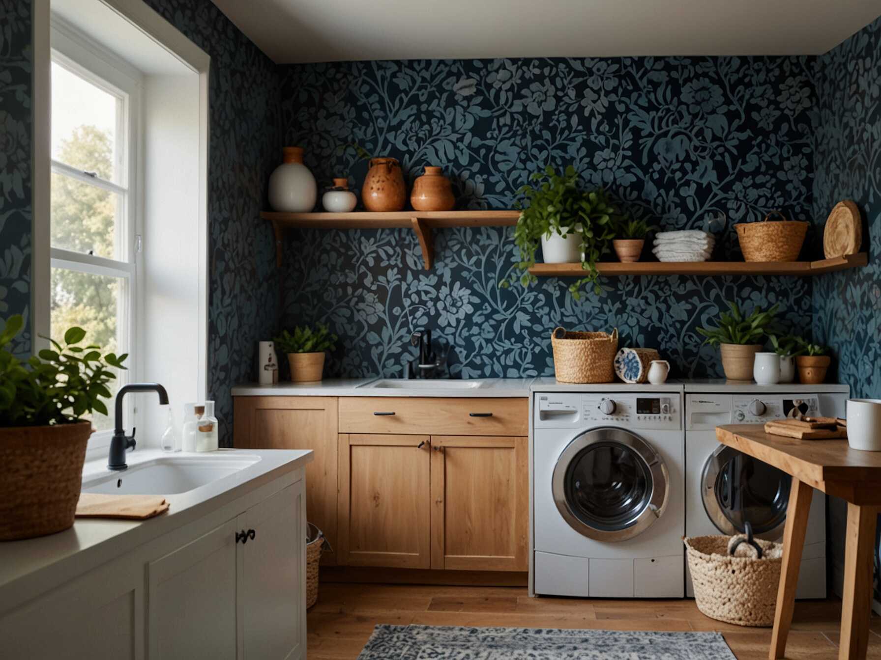 Create an accent wall with wallpaper or a bold paint color. This adds visual interest to your laundry room. An accent wall can be the focal point of the room.  