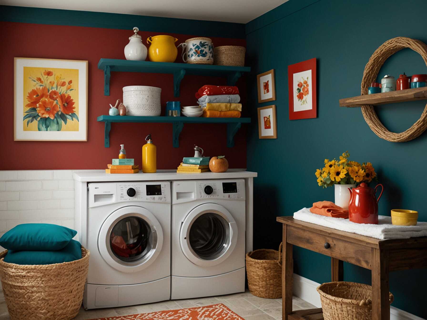 Add splashes of bright colors like teal, red, or yellow to your laundry room. Colors can make the room lively and enjoyable. Use bold paint for the walls or colorful accessories.  