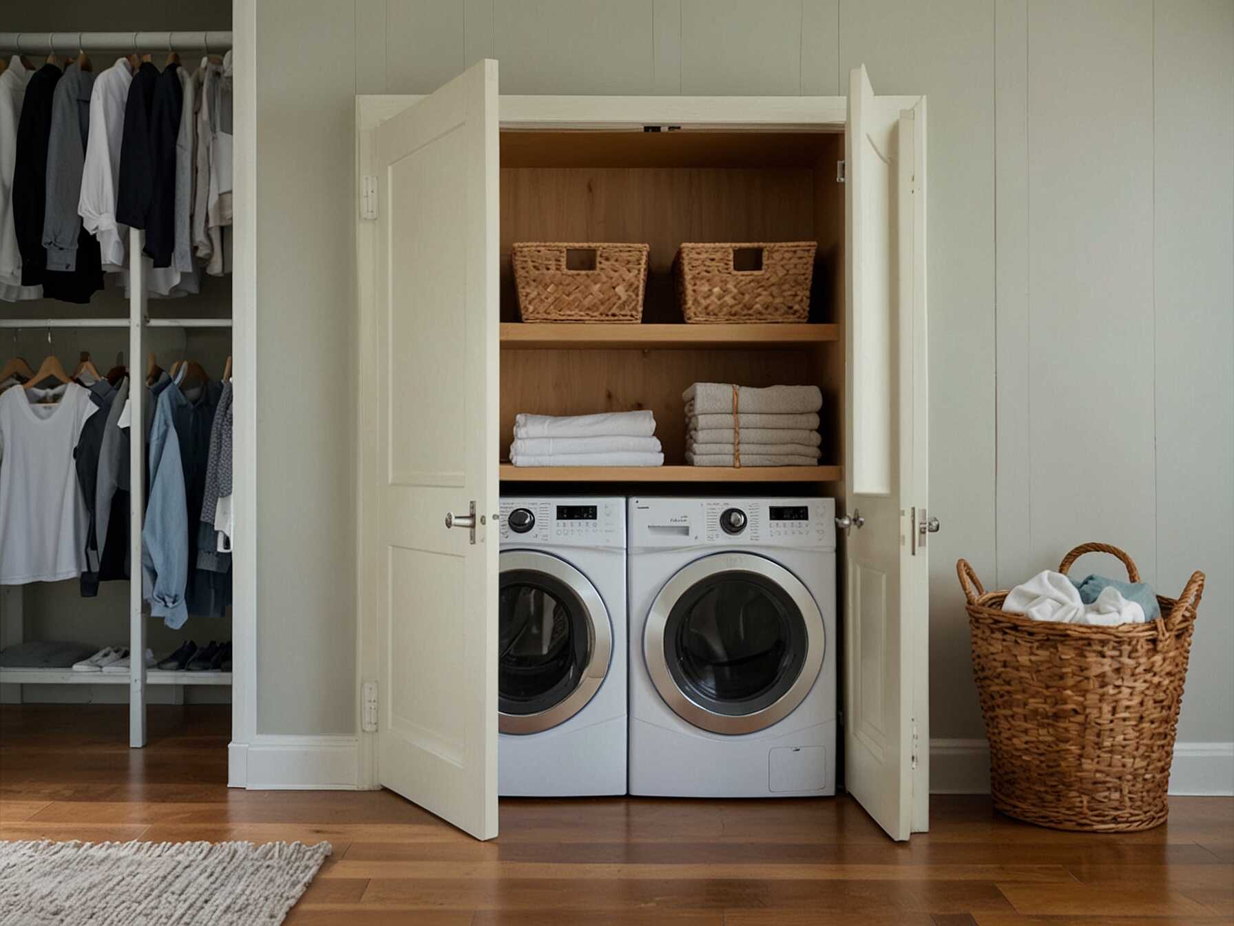 Install built-in hampers to sort dirty clothes. This makes laundry day much easier and the laundry room neater. Different hampers for whites, colors, and delicates can be very helpful.  