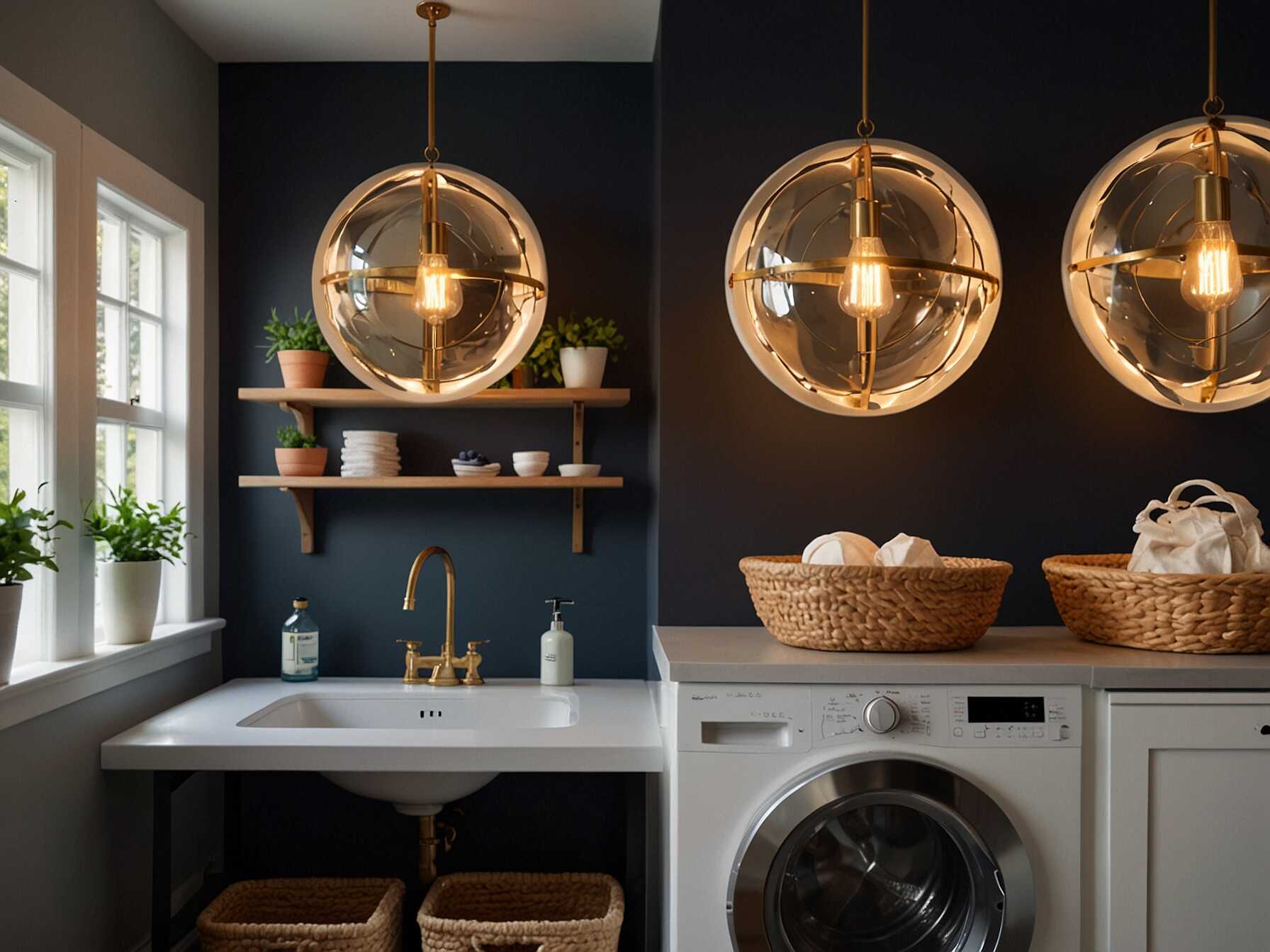 Choose unique lighting fixtures to brighten your laundry room. Stylish lights not only illuminate the space but also add a decorative touch. Proper lighting can greatly improve the room’s ambiance.  