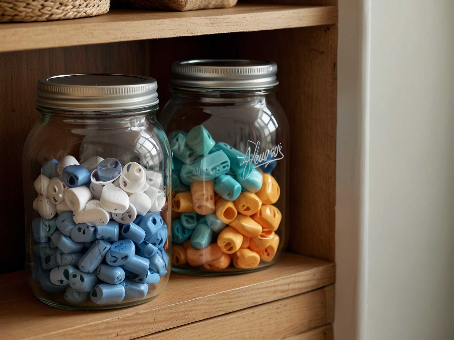 Use jars or small bins to store laundry items like detergent pods, clothespins, and dryer sheets. Label these for easy access. This keeps small items organized and within reach.  