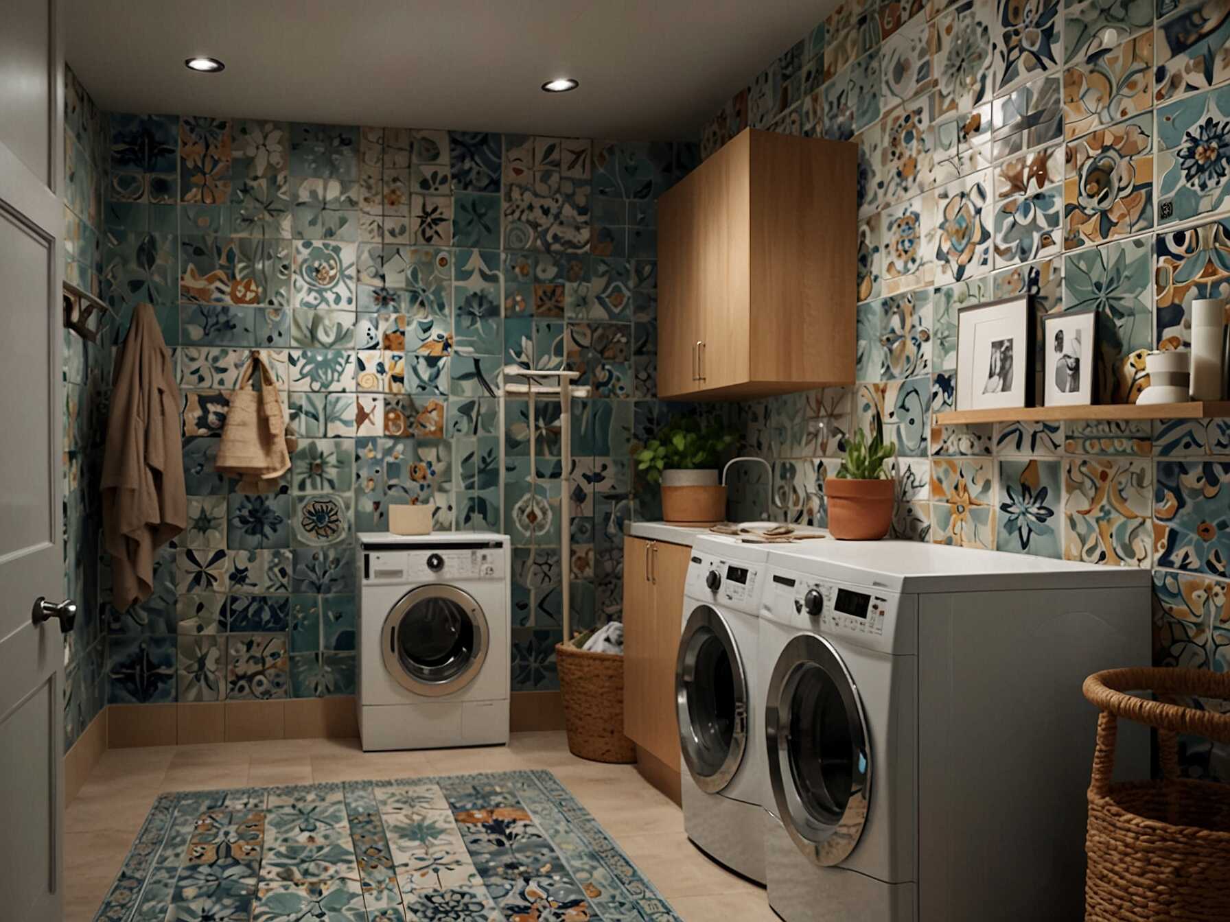 Use beautiful wall tiles to enhance your laundry room design. Tiles come in various patterns and colors to match your style. They add both protection and aesthetics to the walls.  