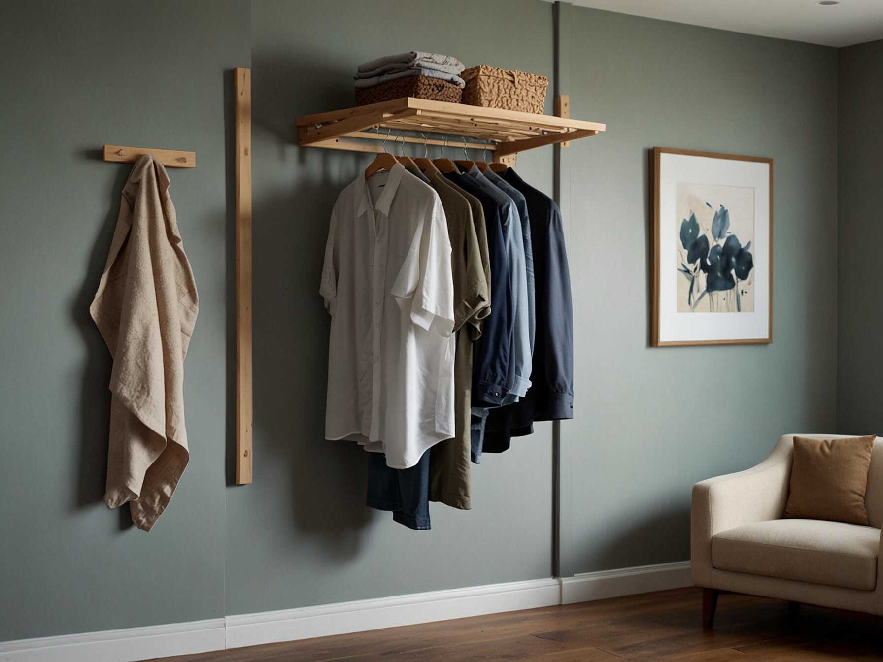 Install a wall-mounted drying rack to air-dry clothes. This conserves space and is great for delicate items. When not in use, it can fold flat against the wall.  