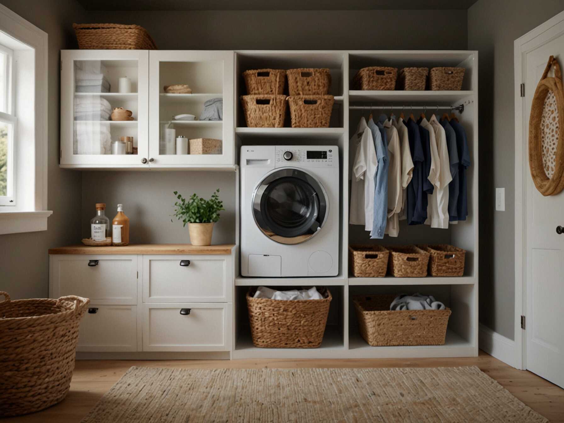 Install cabinets, shelves, and baskets to keep everything organized. This way, you can easily find what you need. Efficient storage keeps the laundry room tidy and functional.  