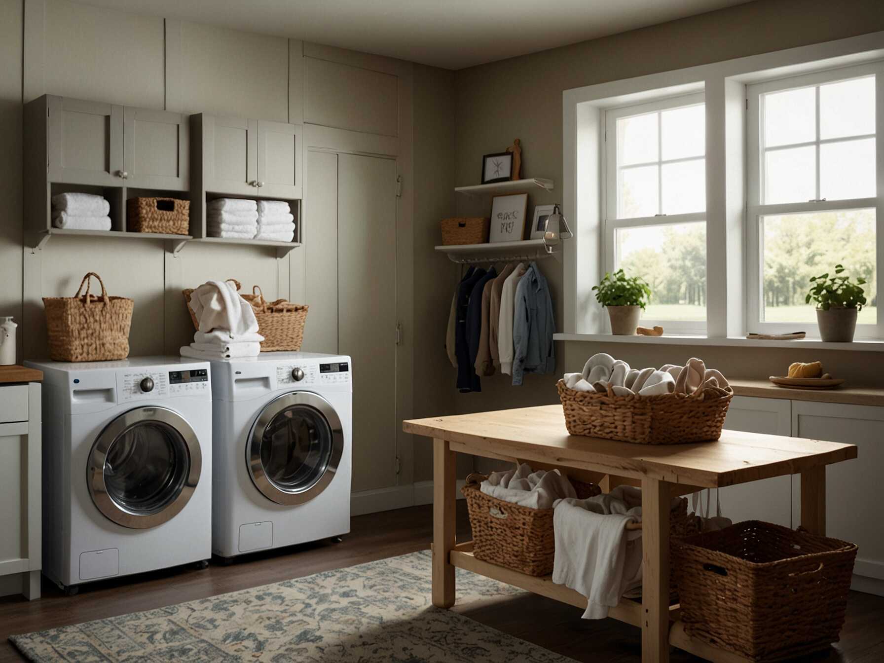 Place a sturdy table in your laundry room for folding clothes. This adds functionality and convenience when managing your laundry. A clean, flat surface makes folding laundry easy and quick.  