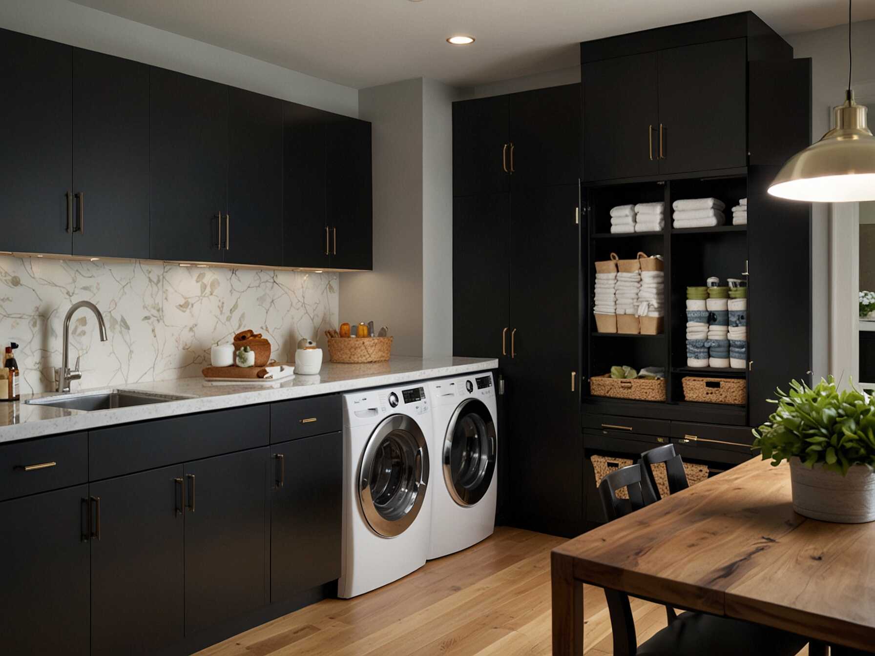 Hide your appliances behind cabinet doors. This gives your laundry room a sleek, organized appearance. Hidden appliances can blend seamlessly with the room’s décor.  