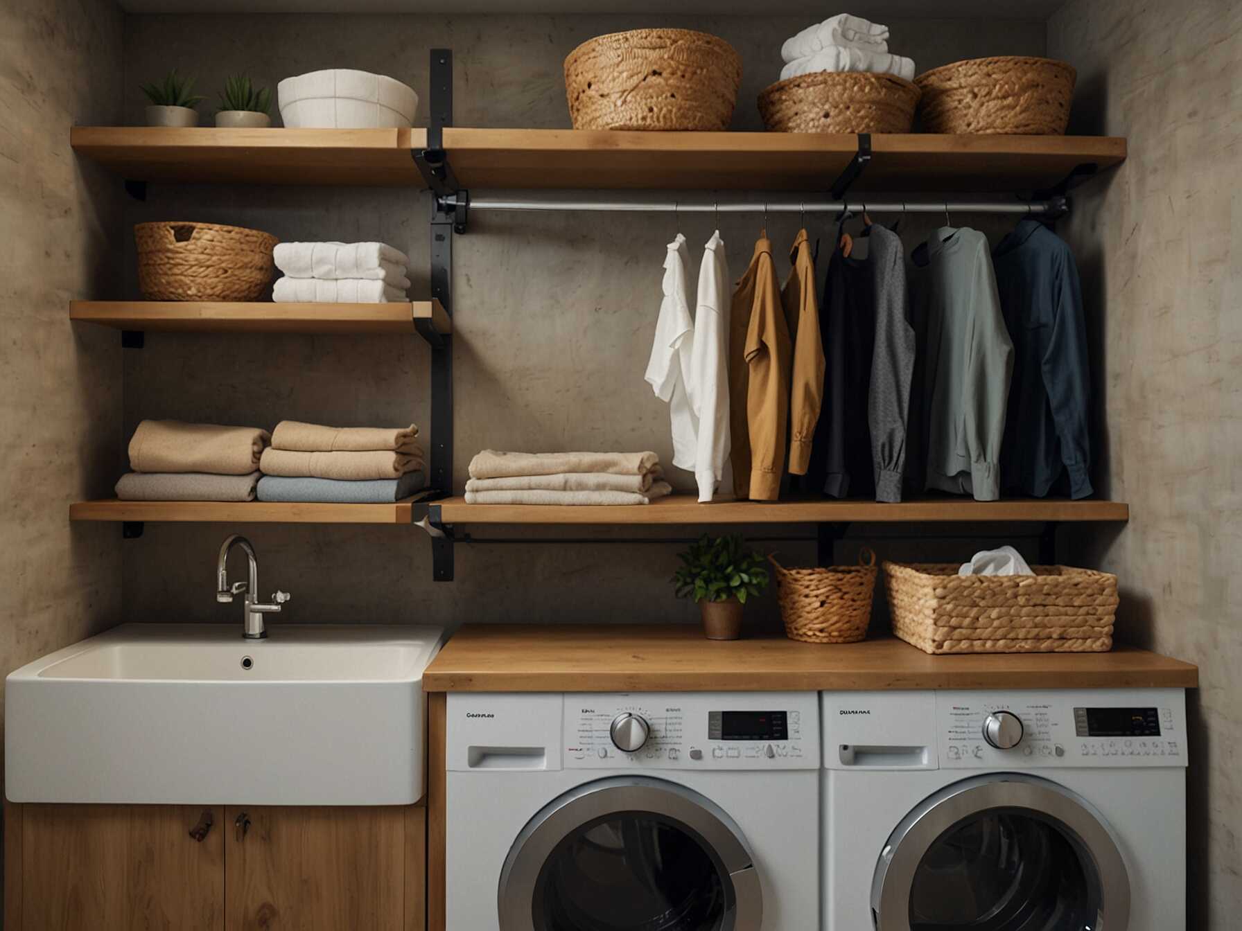 Incorporate open shelves for easy access to laundry essentials. This makes grabbing what you need quick and simple. Open shelves also add a touch of openness.  