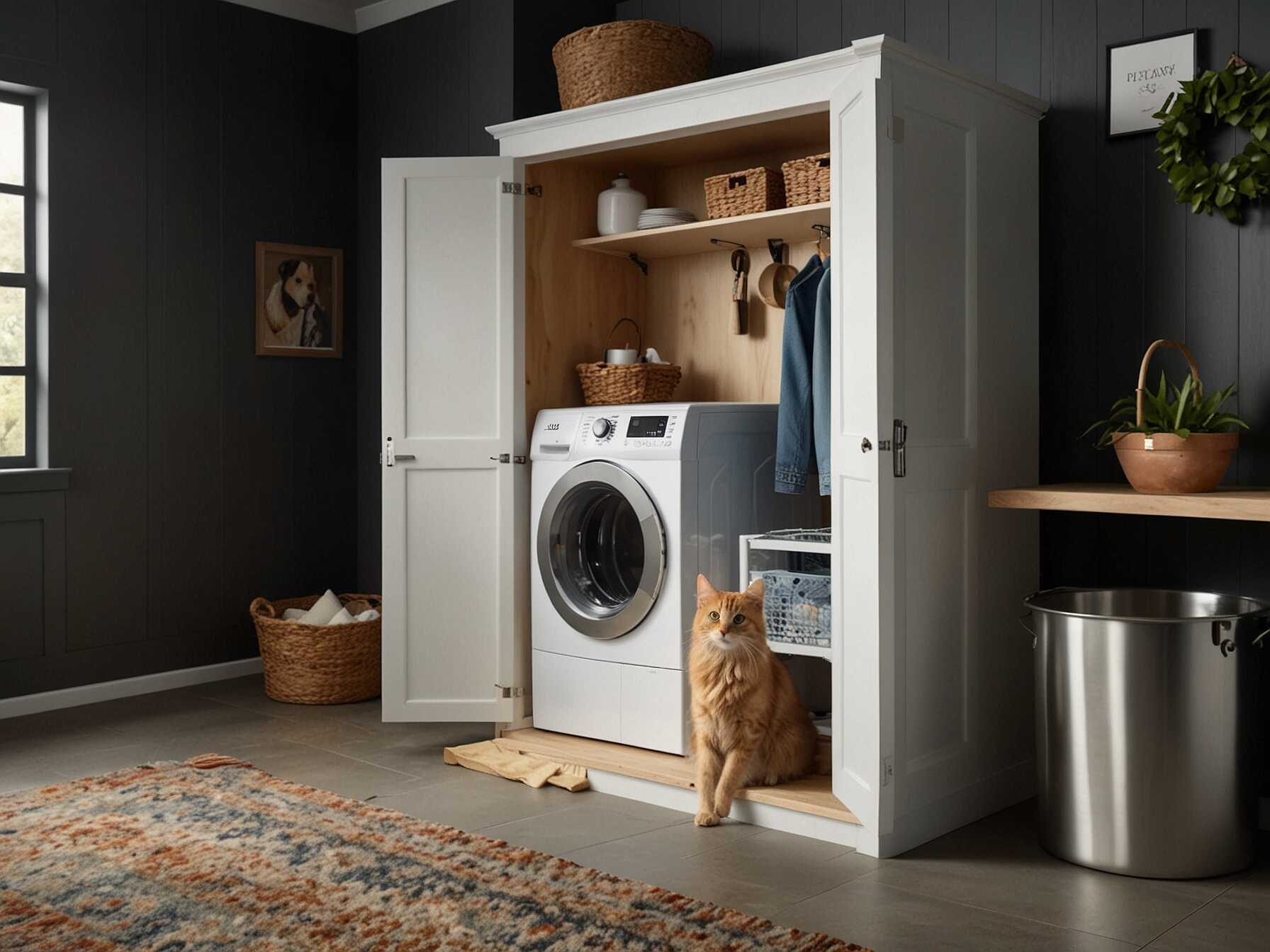 Create a small area for pet supplies or a pet washing station in your laundry room. This multifunctional space is great for pet owners. It keeps pet-related items organized and accessible.  