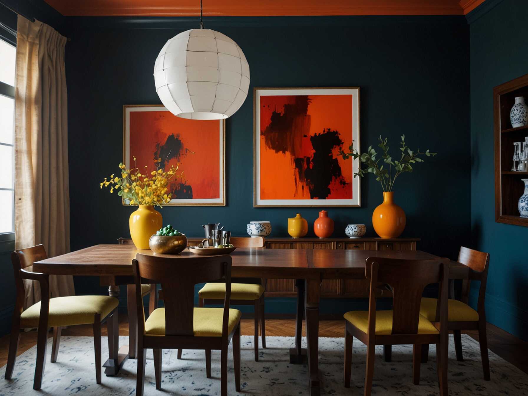 Make a dramatic change by painting one wall in a bold color. This creates a focal point in your dining room and adds personality to the space.  