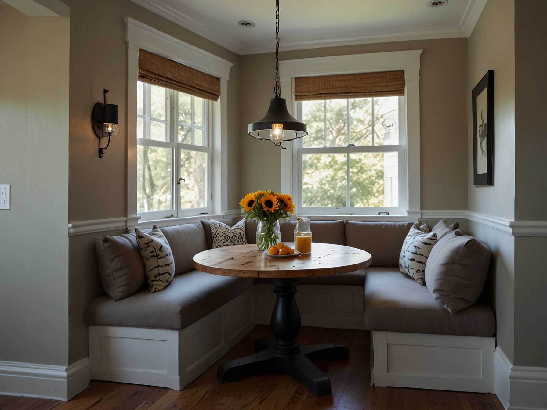 If you have a small space, create a cozy dining nook. Use a small table and a built-in bench with cushions. This makes the area inviting and comfortable.  