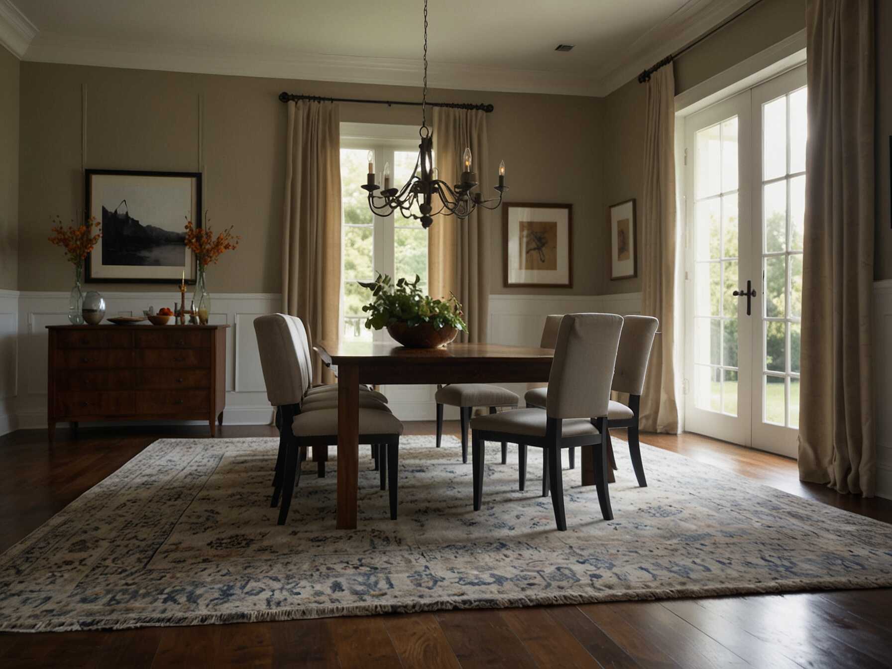 Place a large, cozy rug under the dining table. It defines the space and adds warmth and texture to your dining room.  