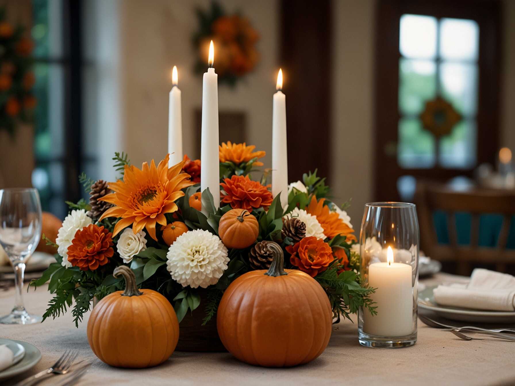 Switch up your centerpieces with each season. Use fresh flowers in the spring, pumpkins in the fall, or candles and ornaments during the holidays.  