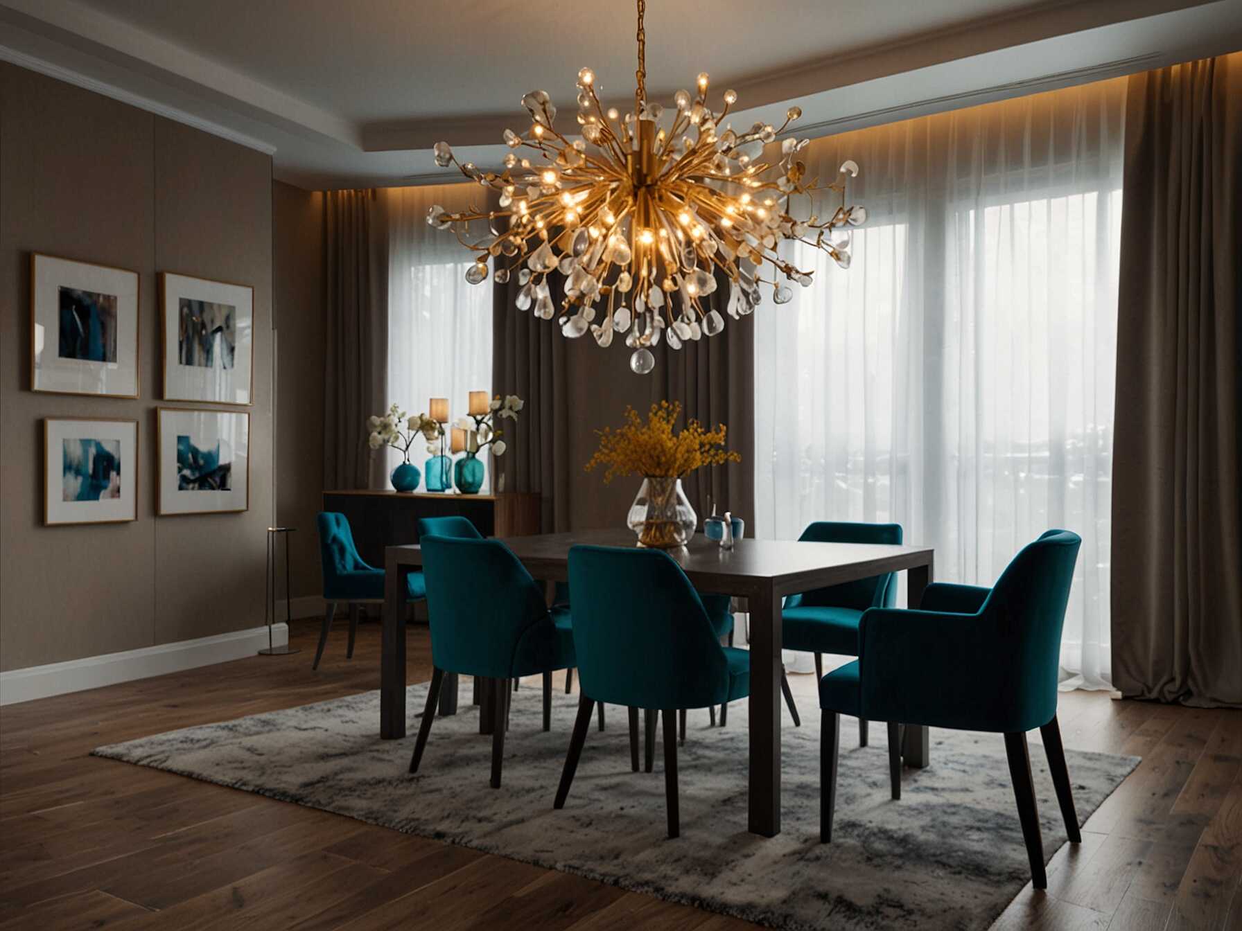 Elevate your dining room with a stunning chandelier. It serves as both a light source and a statement piece. Choose one that complements your room’s overall style.  