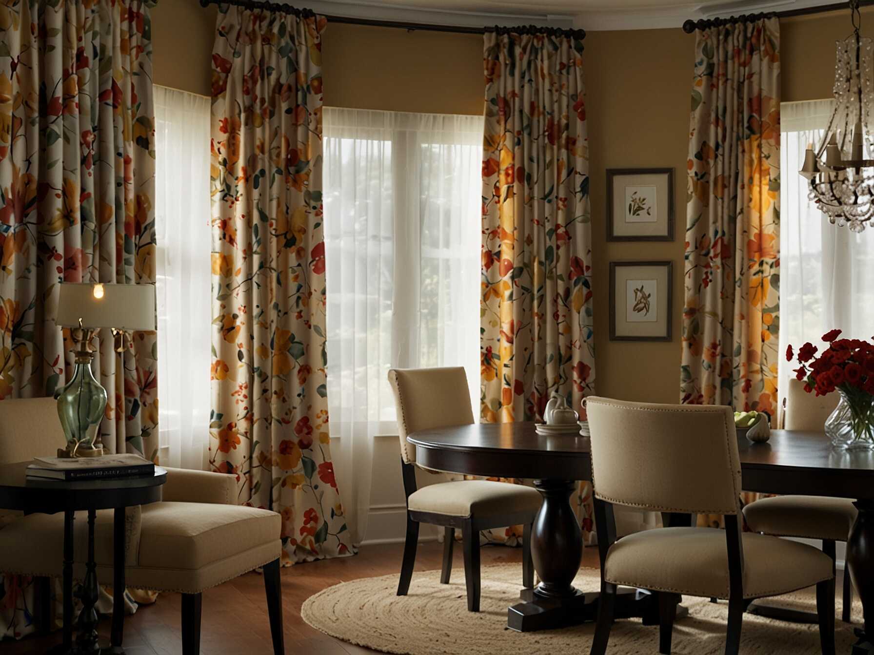 Dress your windows with elegant curtains. Choose fabrics and colors that complement your dining room decor and add a soft, finishing touch.  