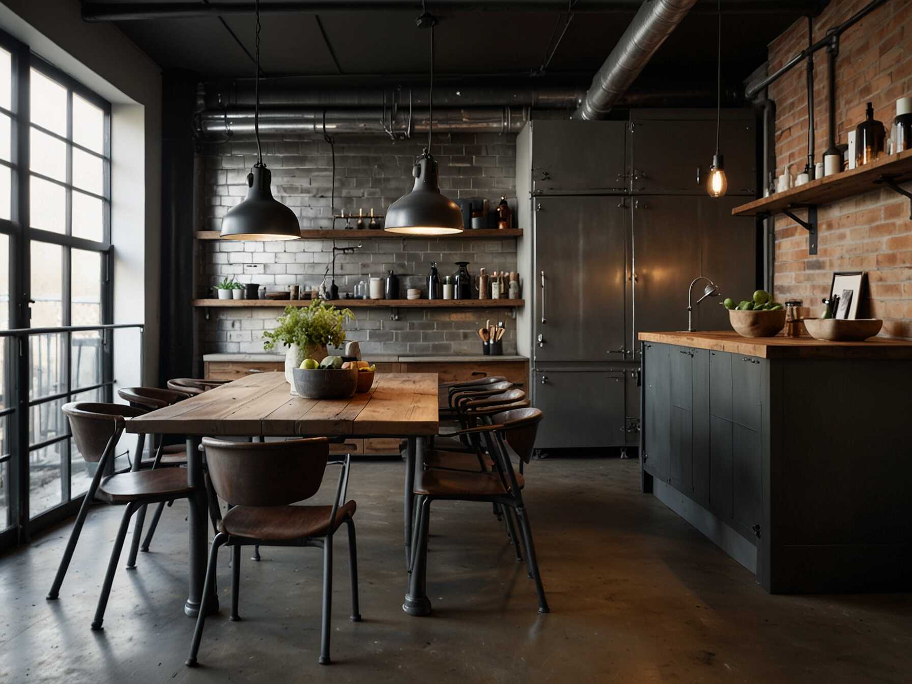 Combine metal and wood elements for an industrial chic look. Use exposed pipes, metal chairs, and a sturdy wooden table to achieve this style.  