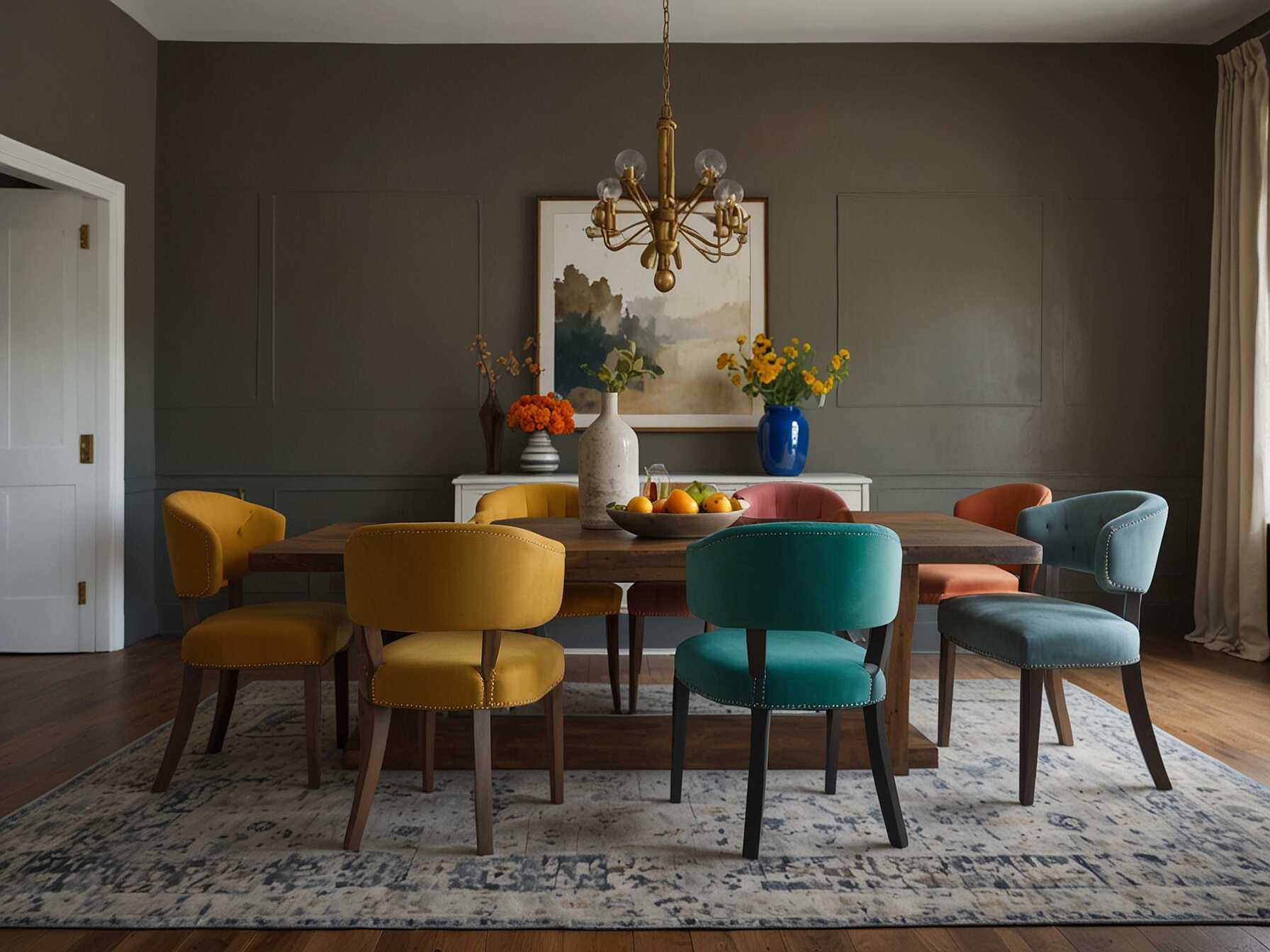 Give your dining room a unique look by using different styles of chairs around the table. Mix various textures and colors for an eclectic vibe.  