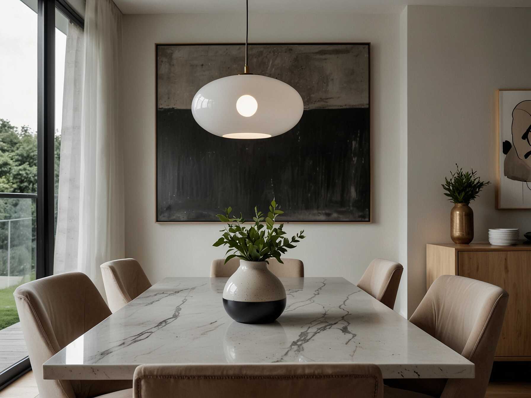 Embrace minimalism with clean lines and neutral tones. Opt for a sleek dining table and simple pendant lighting. Keep the decor minimal to maintain a clutter-free space.  