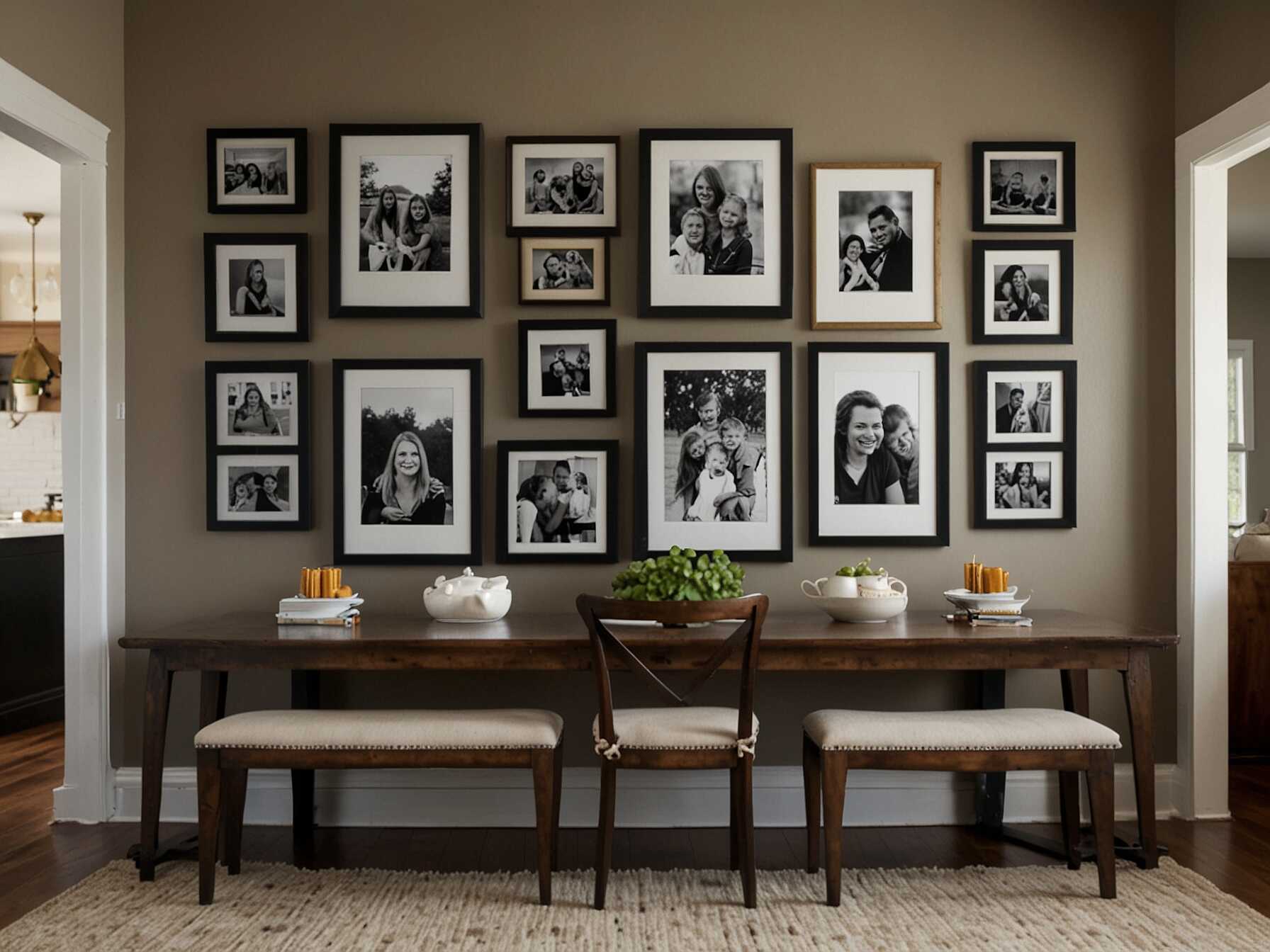 Create a gallery wall with family photos or your favorite artwork. It adds a personal touch and makes the dining room feel more inviting.  