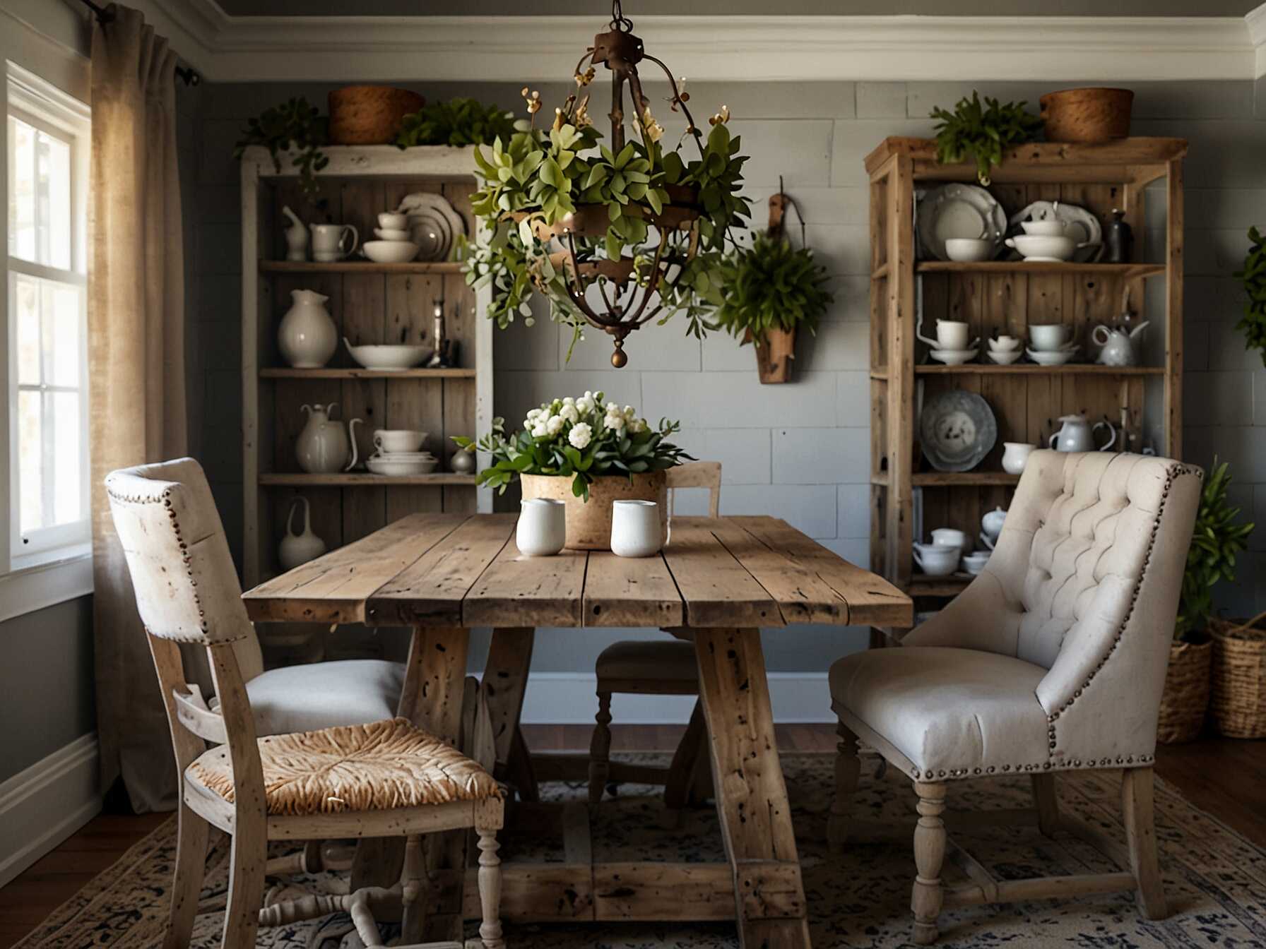 Create a cozy atmosphere with rustic farmhouse decor. Use wooden tables, vintage chairs, and soft, neutral colors. Adding a few plants or fresh flowers can bring the room to life.  