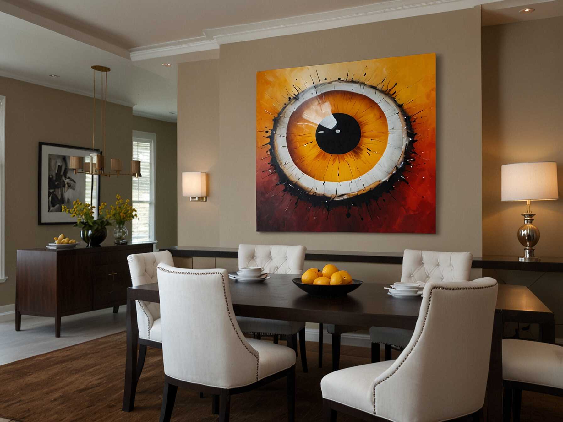 Hang large, eye-catching artwork on the walls. It adds character to your dining room and becomes a conversation starter during meals.  