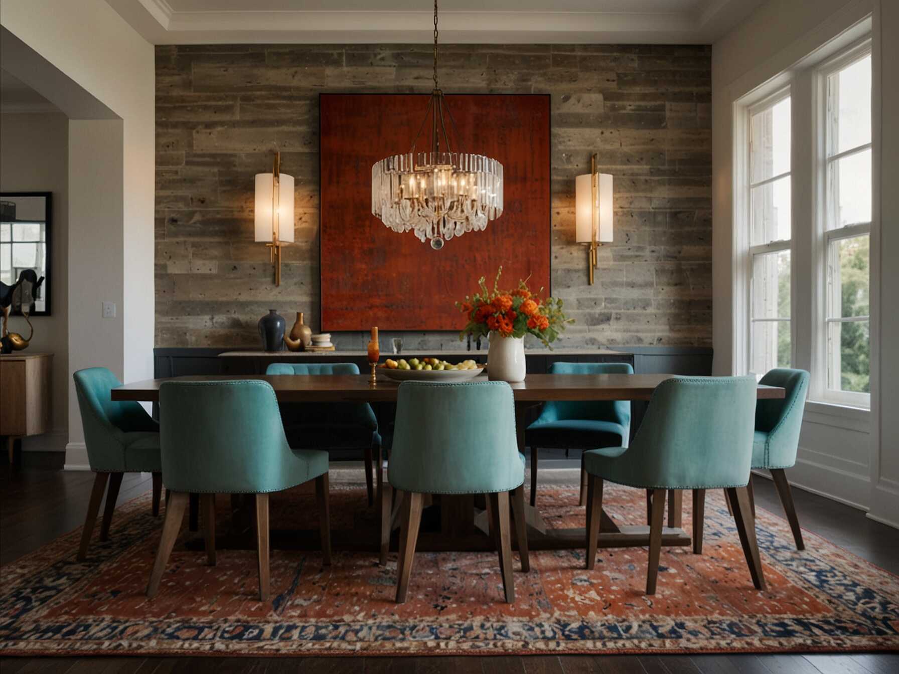 Use a statement rug to define the dining area. A bold pattern or color can anchor the space and add visual interest.  