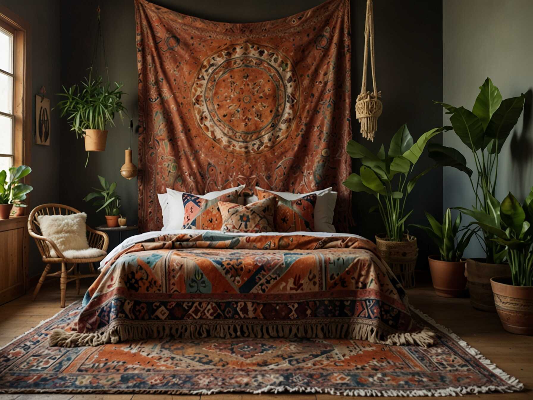 Transform your bedroom into a boho paradise with eclectic patterns and earthy tones. Layer colorful rugs, tapestry, and lots of cushions. Add plants and macrame wall art to bring in a free-spirited vibe.  