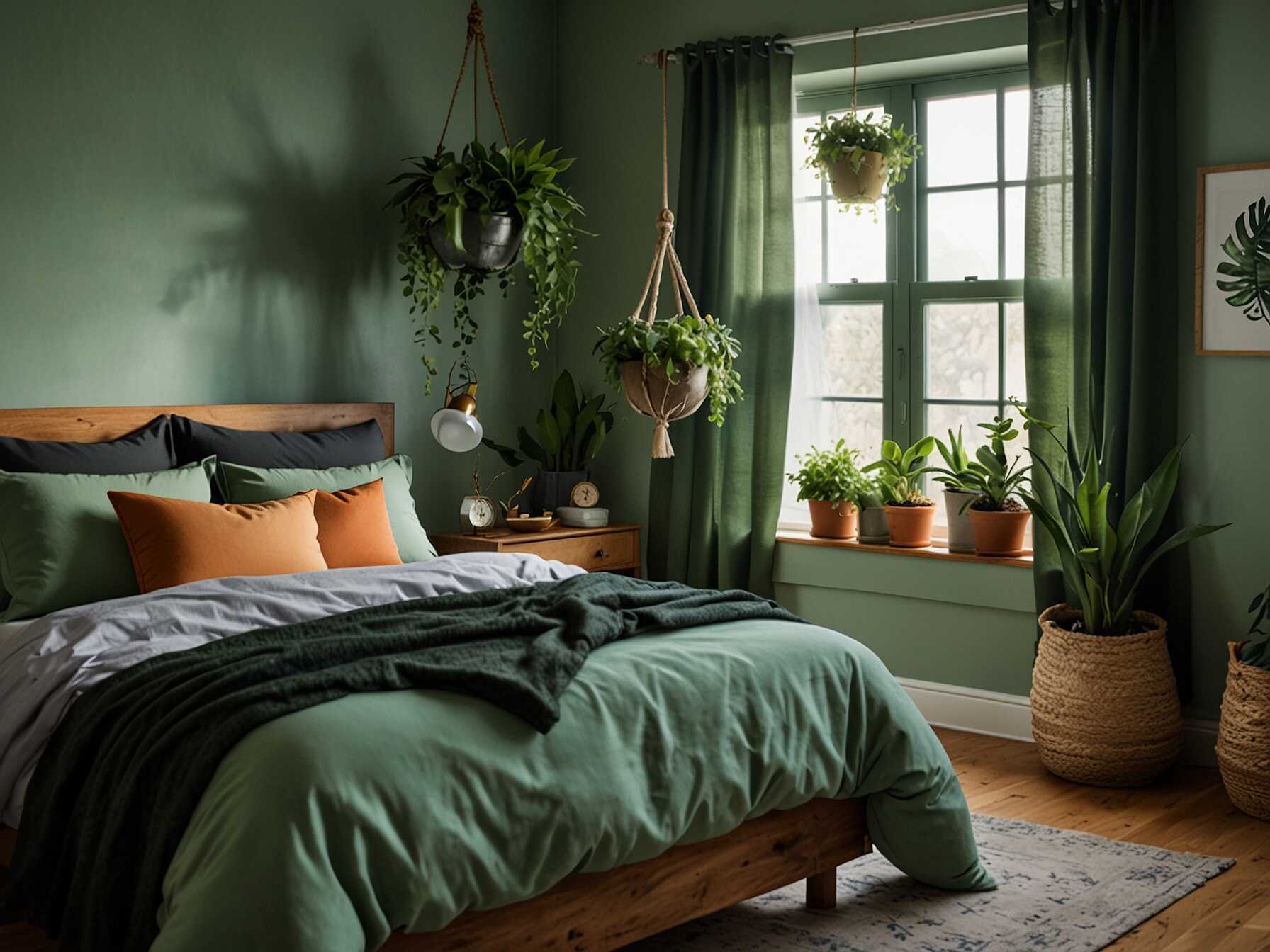 Create a fresh and lively bedroom with plenty of plants. Use hanging planters, potted plants, and succulents. The green tones and natural elements will keep your bedroom feeling vibrant and airy.  