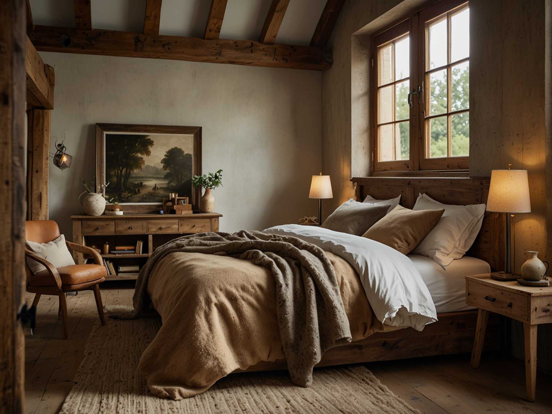 Give your bedroom a warm, rustic feel with wooden furniture and natural textures. Use earth tones, chunky knit blankets, and vintage decor. A wooden headboard or exposed beams can complete the look.  