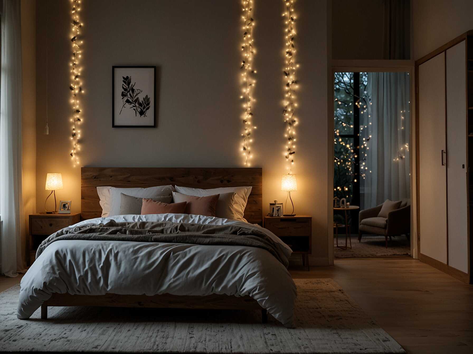 Experiment with different lighting options to change the mood of your bedroom. Use fairy lights, bedside lamps, and pendant lights. Layer the lighting to create a warm and inviting atmosphere.  