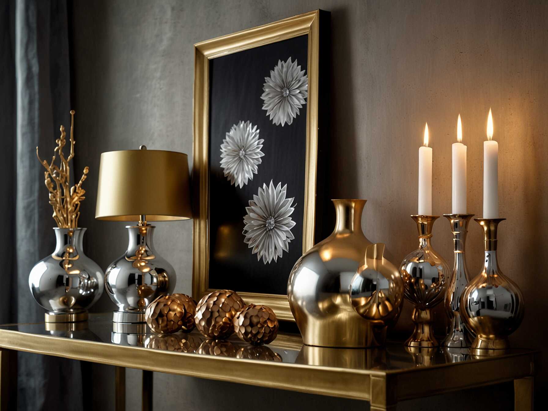 Incorporate metallic accents for a touch of glam. Use gold, silver, or copper decor items. Metallic picture frames, lamps, or vases can add some shine and sophistication.  