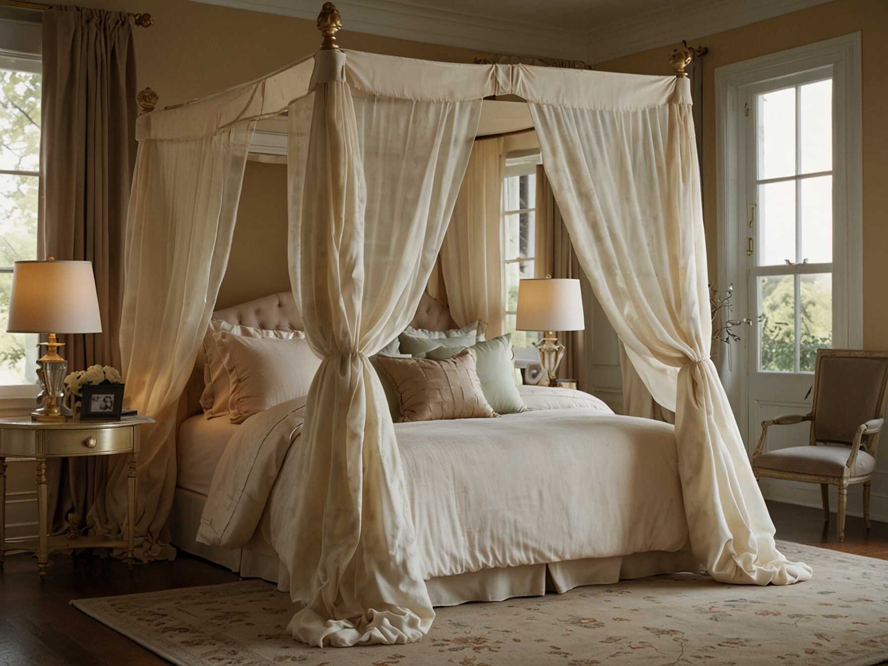 Add elegance with a canopy bed. Use soft, flowing fabrics to drape over the frame. This creates a cozy and royal feeling, perfect for a dreamy bedroom.  