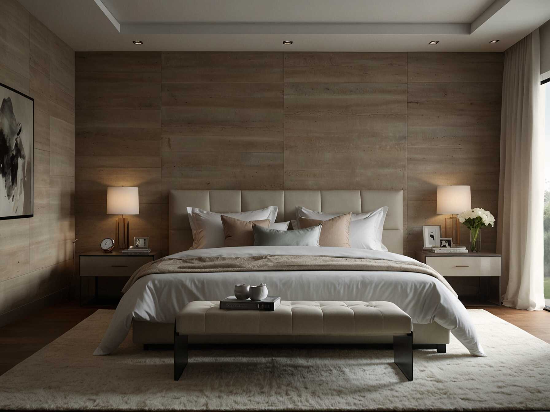 Create a sleek and simple bedroom with clean lines and neutral colors. Choose furniture with simple shapes and avoid clutter. Use light shades like white, beige, or gray to keep it calm and serene.  