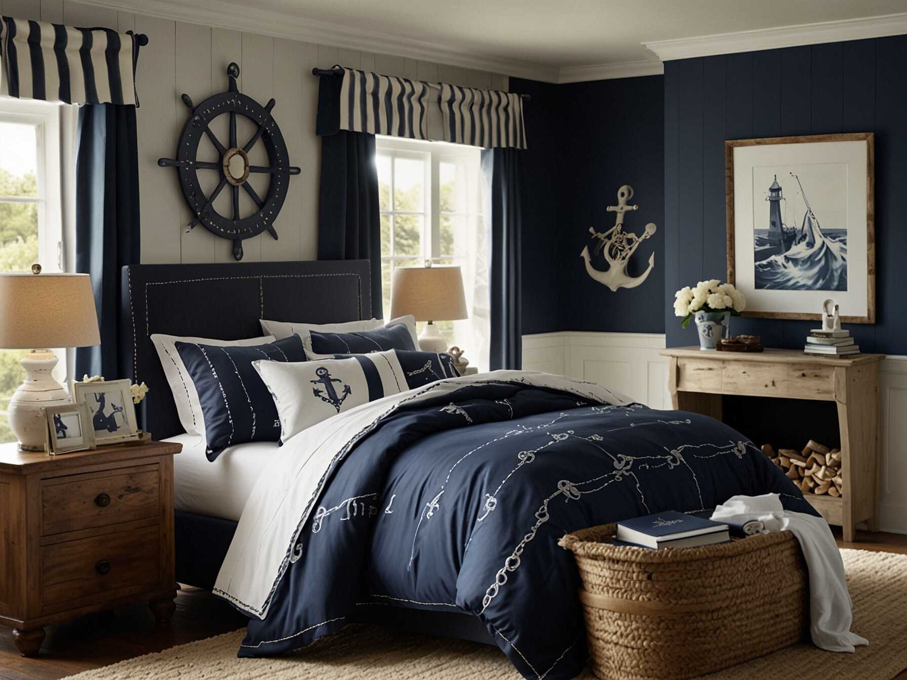 Bring the sea to your bedroom with a nautical theme. Use navy blue and white colors, striped patterns, and sea-themed decor. Add rope details and anchor motifs for a coastal vibe.  