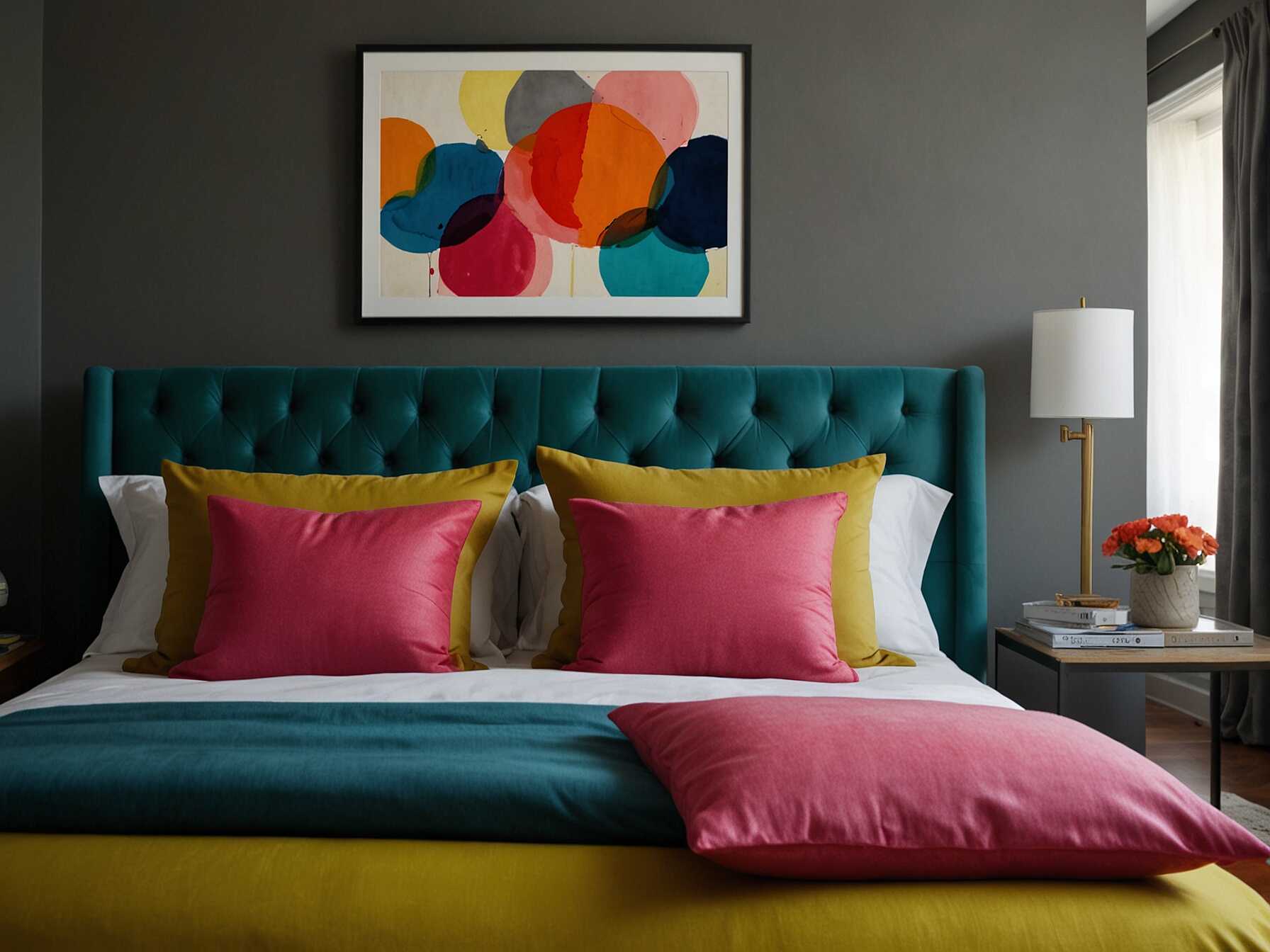 Add a pop of color with bright decor pieces. Use colorful cushions, throws, or artwork. This brings energy into the room without overwhelming the calmness of the bedroom.  