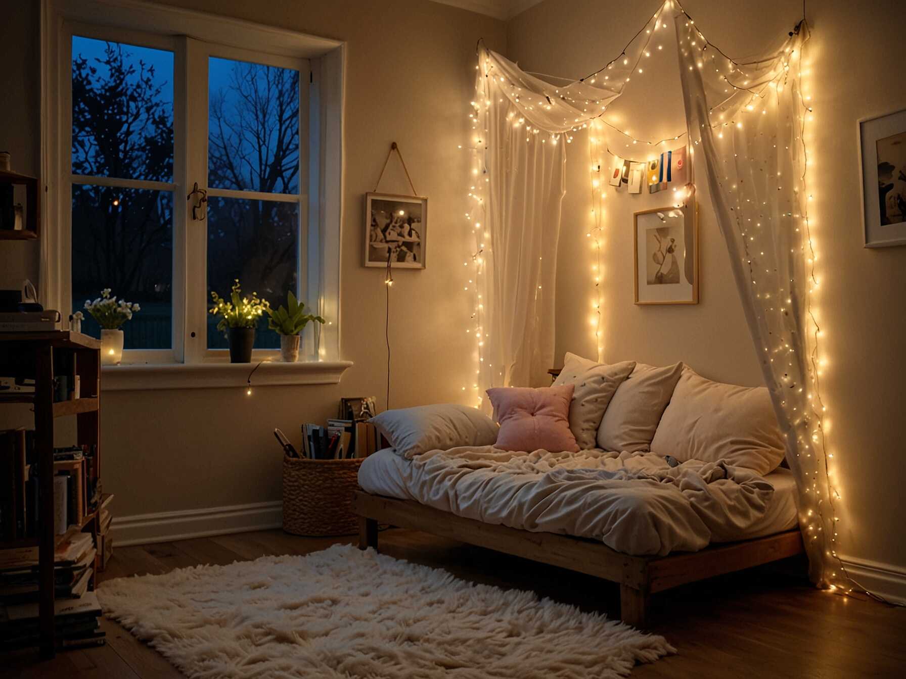 Add soft fairy lights around the canopy. It makes the nook feel like a peaceful retreat. Keep a small side table for your books. It's enchanting and cozy.