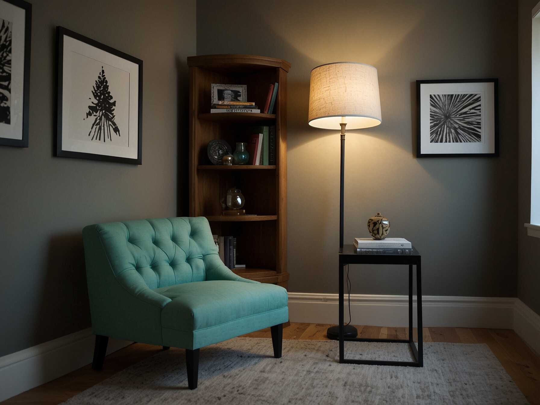 Put a lamp in the corner for good lighting. A small bookshelf can hold your favorite books and a few decorative items. Hang inspiring artwork or posters on the walls. It makes the space personal and inviting.