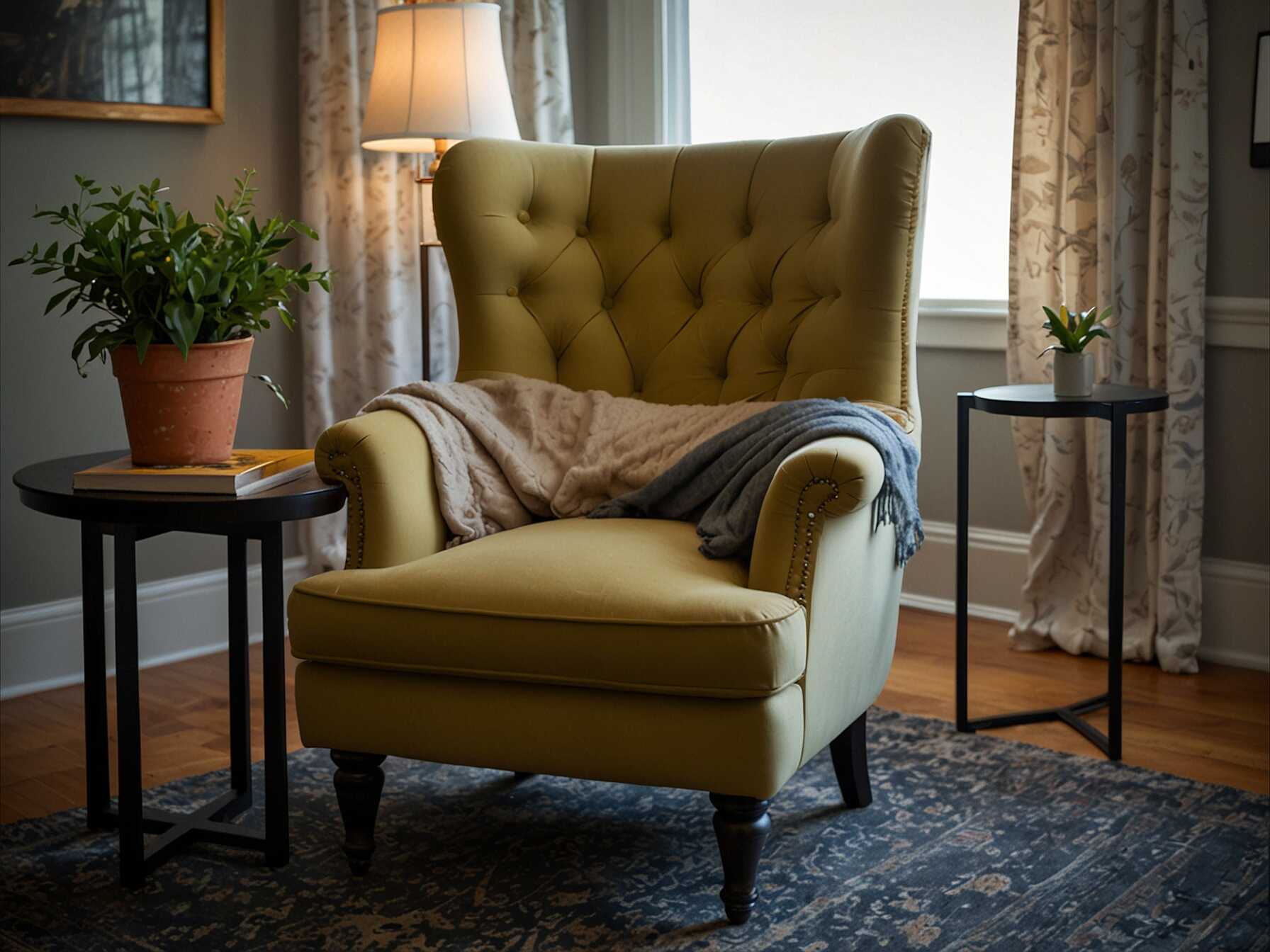 Place the chair in a quiet corner of your room. Add a small side table for your drink and a few books. A floor lamp with warm light creates a cozy atmosphere. Add a footrest to stretch out and relax. Draping a soft throw blanket over the chair adds a final touch.