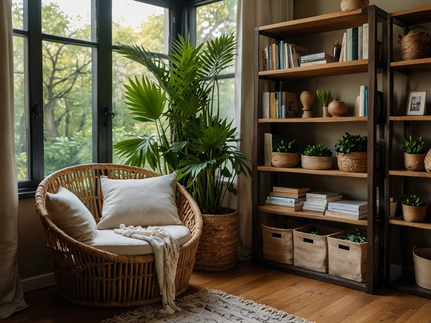 Decorate with plants and natural wood furniture. Use wicker baskets for book storage. Add a gentle waterfall or sand garden. It brings peace and serenity to your reading nook.