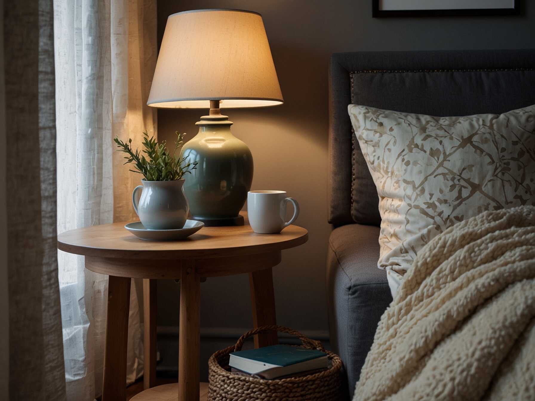 Add a thick cushion and a soft blanket for comfort. Place a small side table nearby for your books and a drink. Ensure there is enough light to read comfortably. You can use a floor or table lamp if needed.