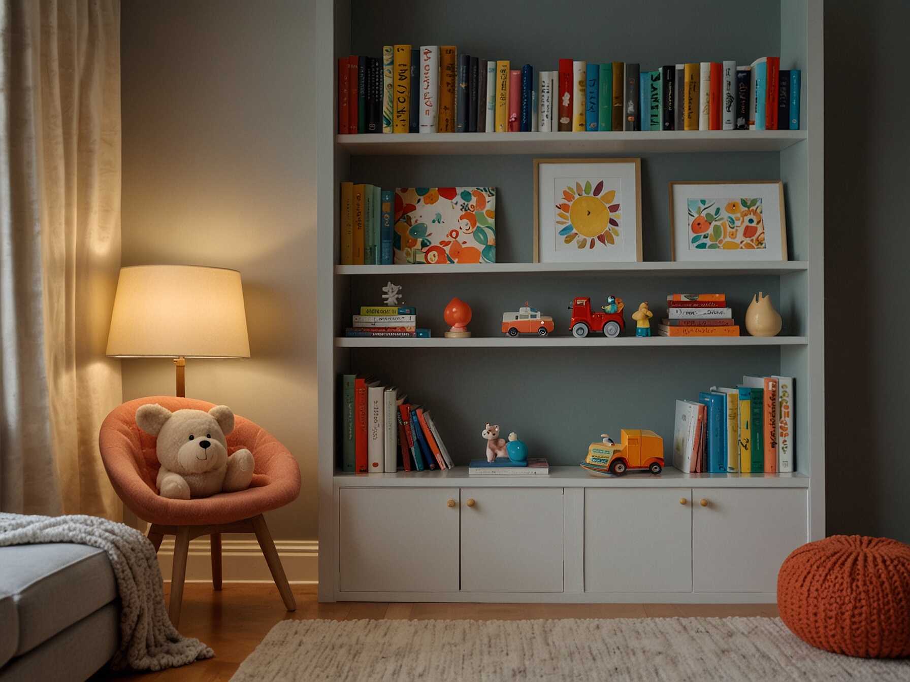 Place low shelves for easy access to books. Add a soft lamp for warm lighting. Decorate with playful artwork or posters. Make it a cheerful space where kids love to spend time.