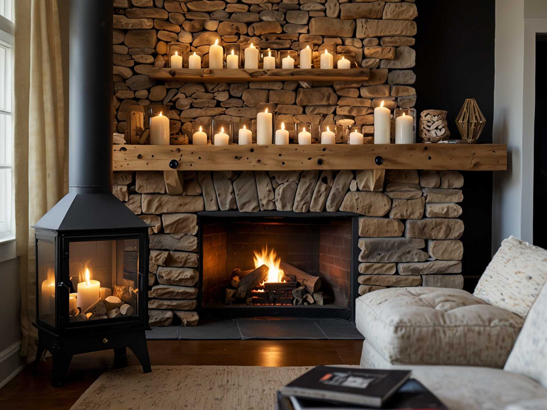 A small wood-burning stove or a faux fireplace adds charm. Keep a stack of logs or birch branches nearby. Display your books on wooden shelves. Decorate with lanterns or candles for coziness.