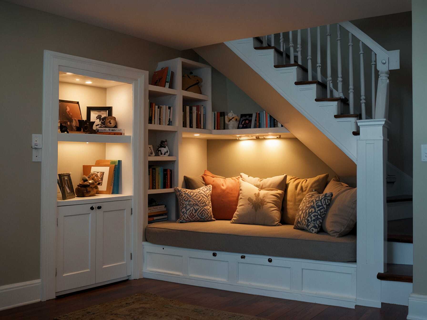 Make use of the space under your stairs. Place a small bench or chair. Add cushions and a blanket for coziness. Install shelves or cubbies for your books. Good lighting is important in this tucked-away spot. Use recessed lights or a small lamp. Decorate with personal items like photos or trinkets. It makes the nook feel special.