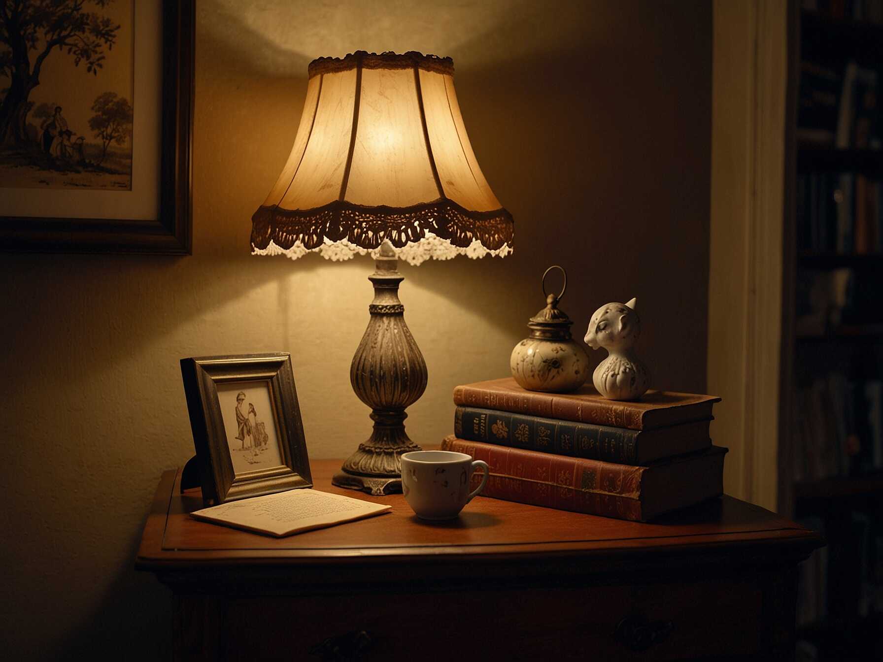 Set up a small table with an old-fashioned lamp. Display books and trinkets from past eras. Use lace or embroidered fabrics for a timeless look. It's cozy and nostalgic.