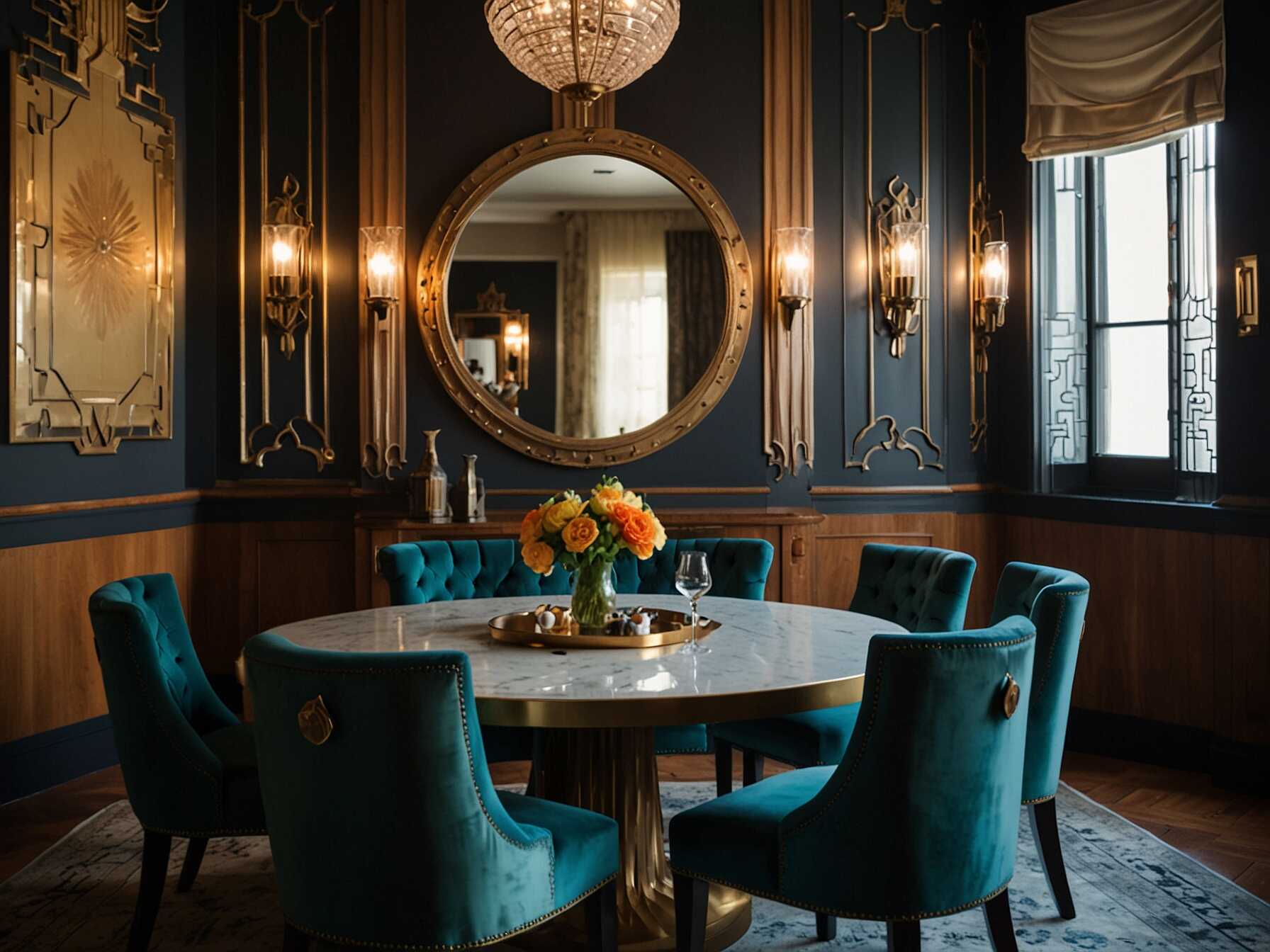  Bring the 1920s into your dining room with Art Deco style. Use bold geometric patterns and rich colors. Decorate with mirrors and shiny surfaces.  