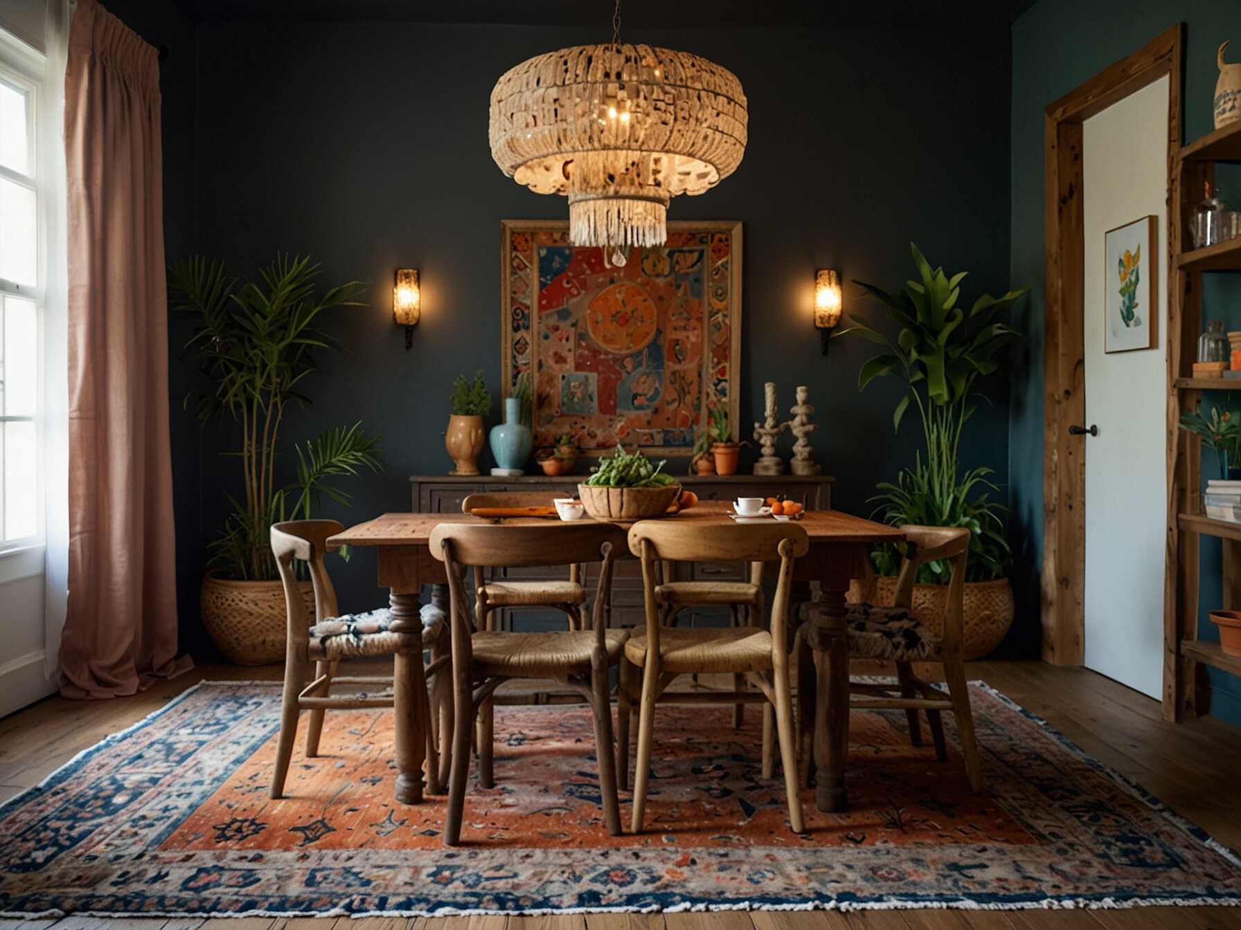  Go for a boho-chic dining room with eclectic décor. Mix and match different textures and patterns. Use colorful rugs, cushions, and artwork.  