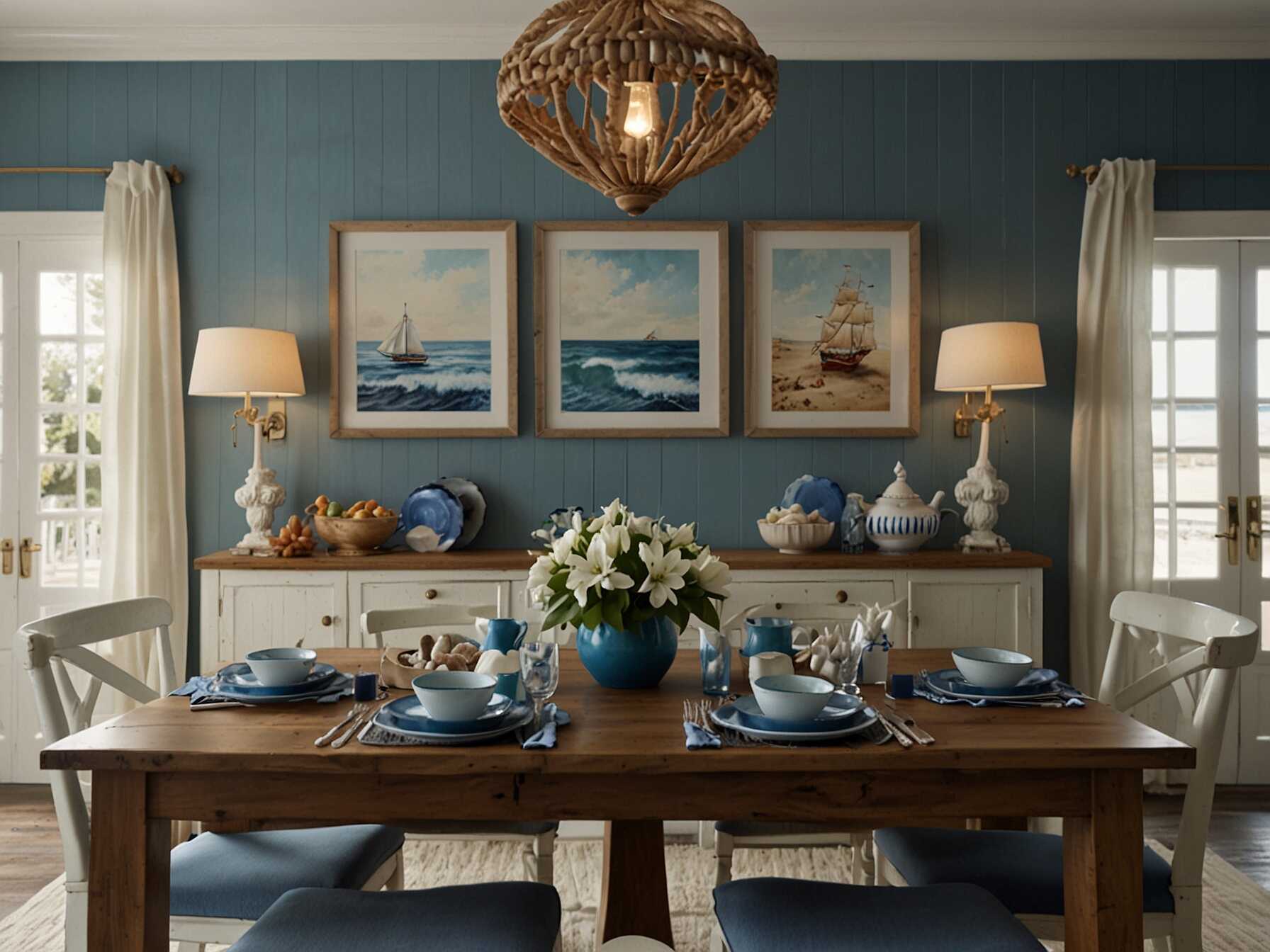  Create a beachy vibe in your dining room. Use light colors like white and blue. Add nautical décor such as seashells, ropes, and coastal artwork.  