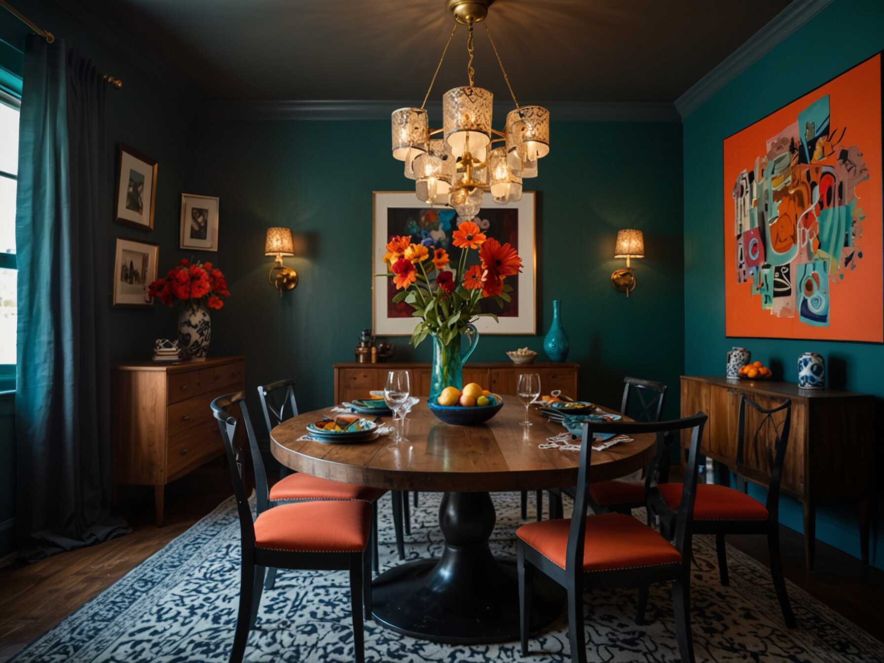  Create a unique dining space with eclectic décor. Mix different styles and periods. Use bold colors and interesting patterns.  