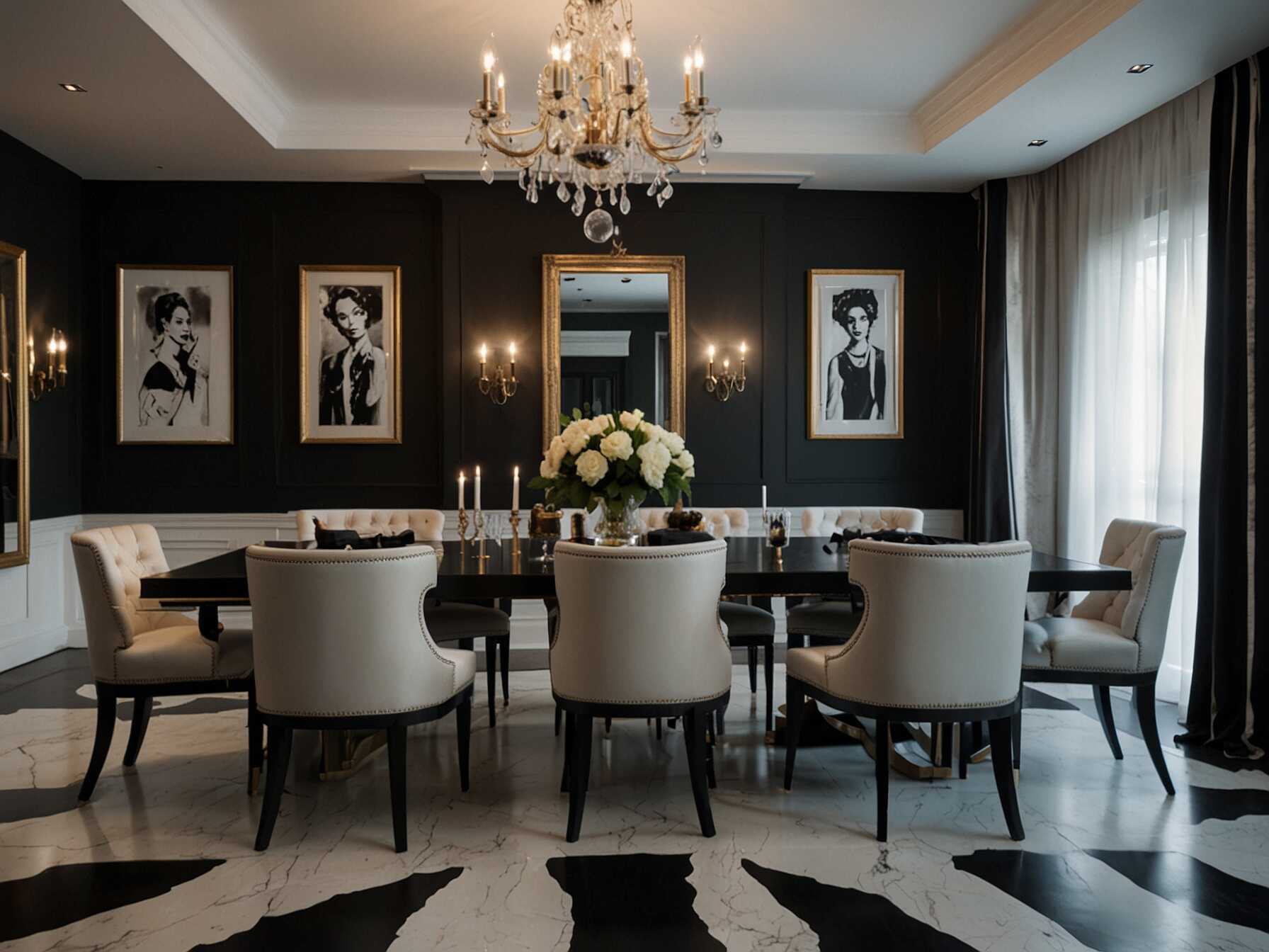  Opt for a classic black and white theme. Use a sleek black table and white chairs. Add silver or gold accents for a touch of elegance.  