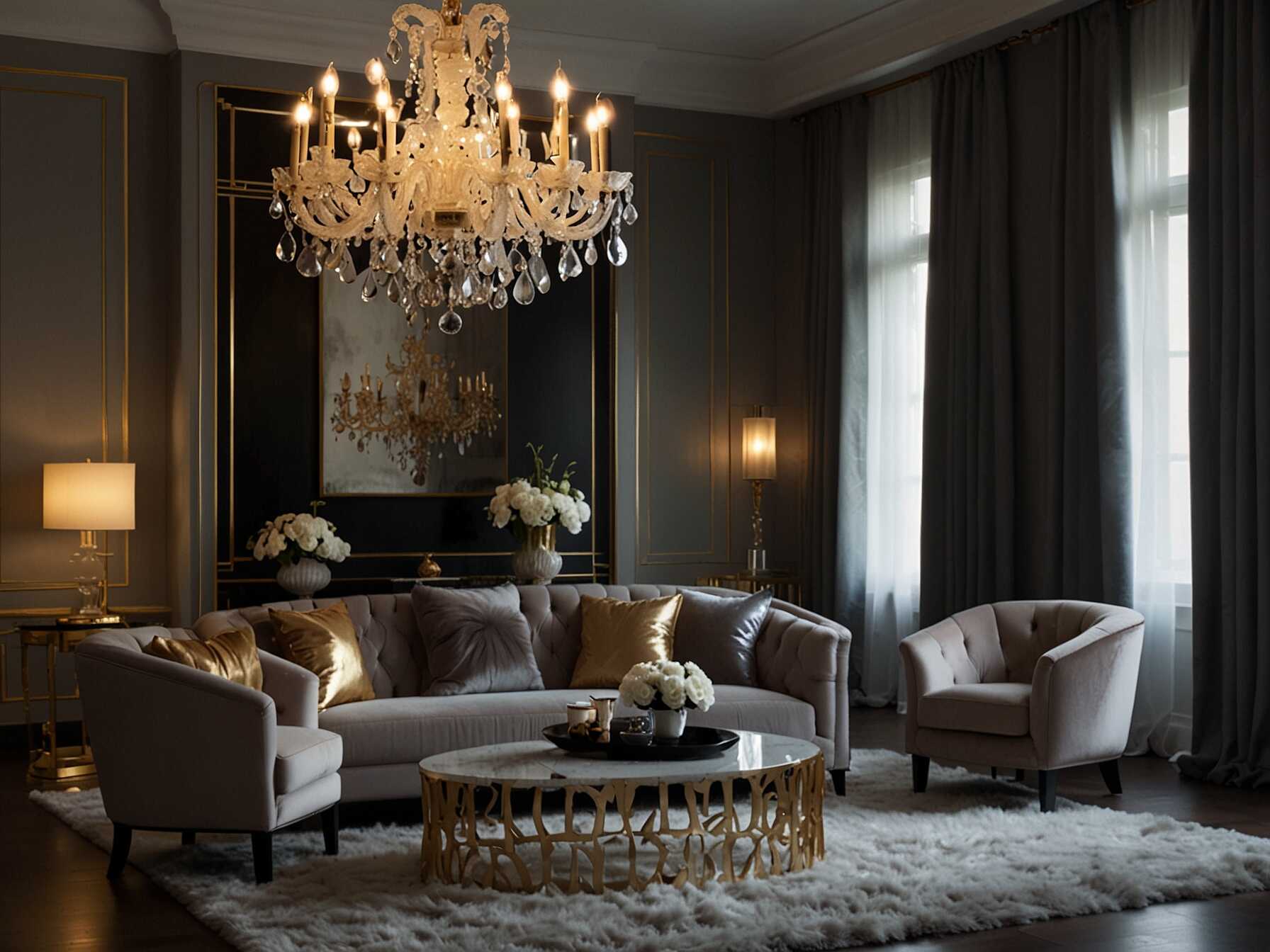  Go for a luxurious look with glamorous décor. Use plush fabrics and metallic accents. A crystal chandelier adds sophistication.  