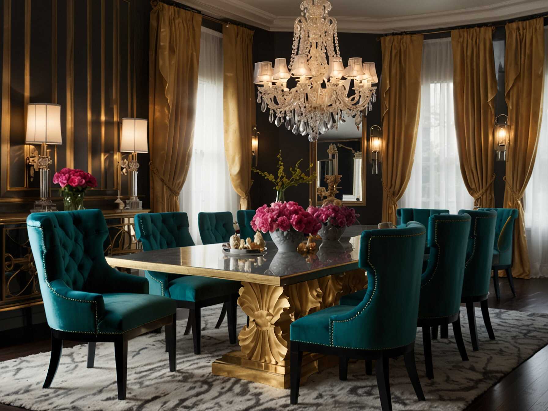  Create a glamorous dining space with Hollywood Regency style. Use luxurious fabrics and bold colors. Add mirrored furniture and statement lighting.  